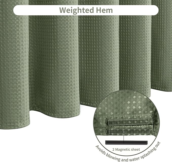 Inhousolu Fabric Shower Curtain Waffle Weave, Sage Green 230 GSM Heavy Duty, Weighted Hem, 14 Metal Hooks, Water Repellent, Machine Washable, Hotel Spa Luxury Bath Curtain Set, 72 x 78 Inch