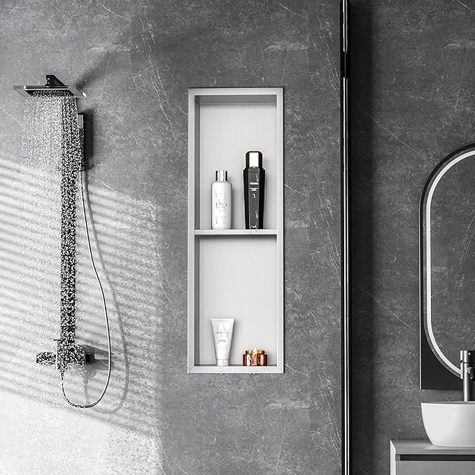 Stainless Steel Shower Niche 24" X 8", No Tile Needed Wall Niche Double Shelves, Recessed Shower Shelf for Bathroom Storage, Brushed Nickel