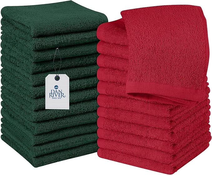 DAN RIVER 24 Pack Wash Cloths for Showering [12x12] - 100% Cotton Washcloths Premium Quality Flannel Face Cloths for Bathroom, Highly Absorbent and Soft Feel Wash Clothes, Red and Green