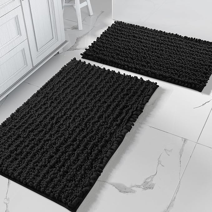 Yimobra Bathroom Rugs Sets 2 Piece - Quick Dry Extra Thick Luxury Chenille Bath Mat, Non Slip Super Absorbent for Tub Shower Sink, Machine Washable Shaggy Floor Mat, 32"x20"+24"x17" Inch, Black