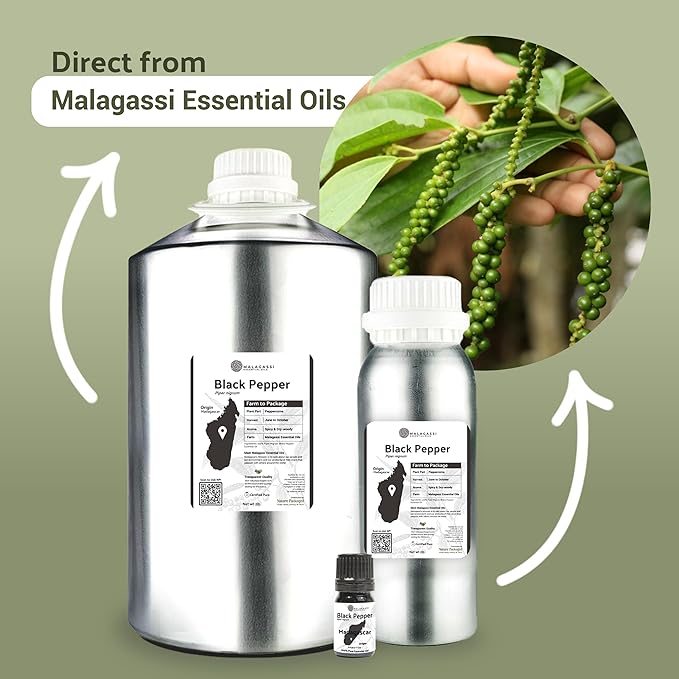 Black Pepper Essential Oil - Direct from Madagascar Farms - Steam Distilled - Aceite Pimienta Negra for Aromatherapy, Massage, Diffuser, DIY Candle and Soap Making - 5ml
