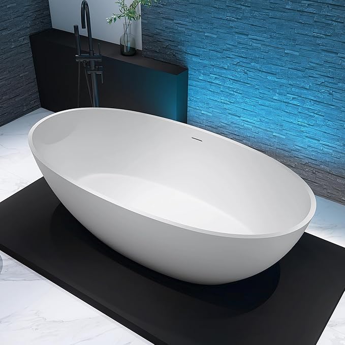 71'' Resin Stone Soaking Bathtub Freestanding Bathtub Solid Surface Modern Tubs with Overflow and Pop-up Drain in White…