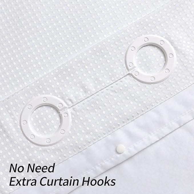 MitoVilla White Waffle Long Shower Curtain Liner Set 72 x 80, No Hooks Needed 80 inch Long Heavyweight Fabric Shower Curtain Set with Snap-in Liner for Hotel Grade Spa-Like Bathroom Decor