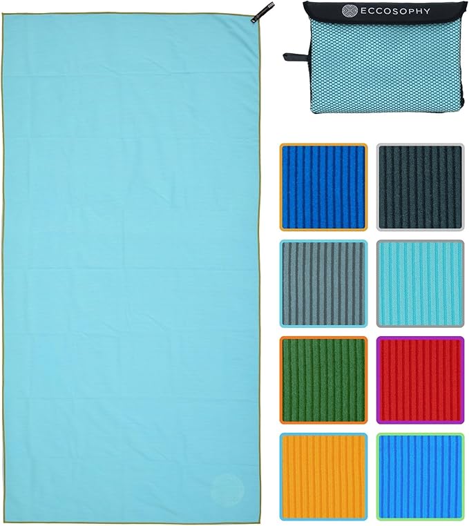 ECCOSOPHY Microfiber Beach Towel – Quick Dry Gym Towel, Highly Absorbent with Ribbed Texture, Lightweight – Ideal for Travel, Pool, Yoga, Fitness & Outdoor Adventures – 71x35 Aqua