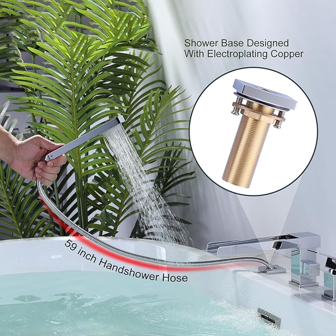 Waterfall Roman Tub Filler Faucet, Deck Mount Bathtub Filler with 360°Swivel Spout, 3 Holes Bathroom Tub Faucet with Sprayer, Chrome