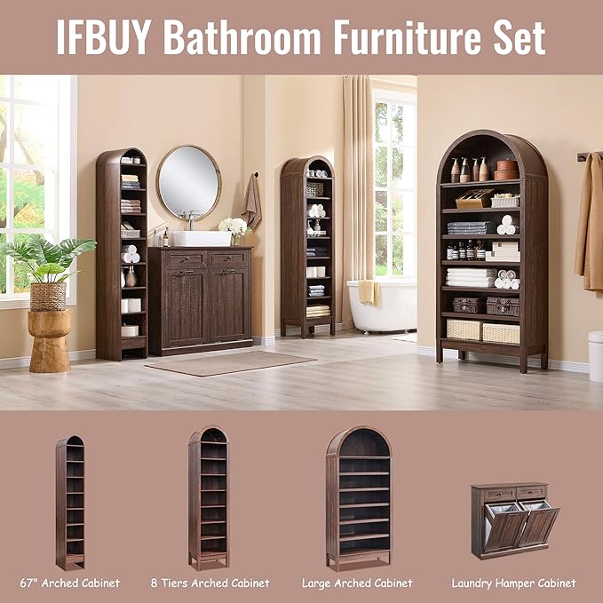 71" Tall Arched Bathroom Storage Cabinet, 7-Tier Modern Farmhouse Storage Cabinet with Adjustable Shelves, Wood Freestanding Cabinet for Bathroom, Living Room, Entryway, Hallway-Brown