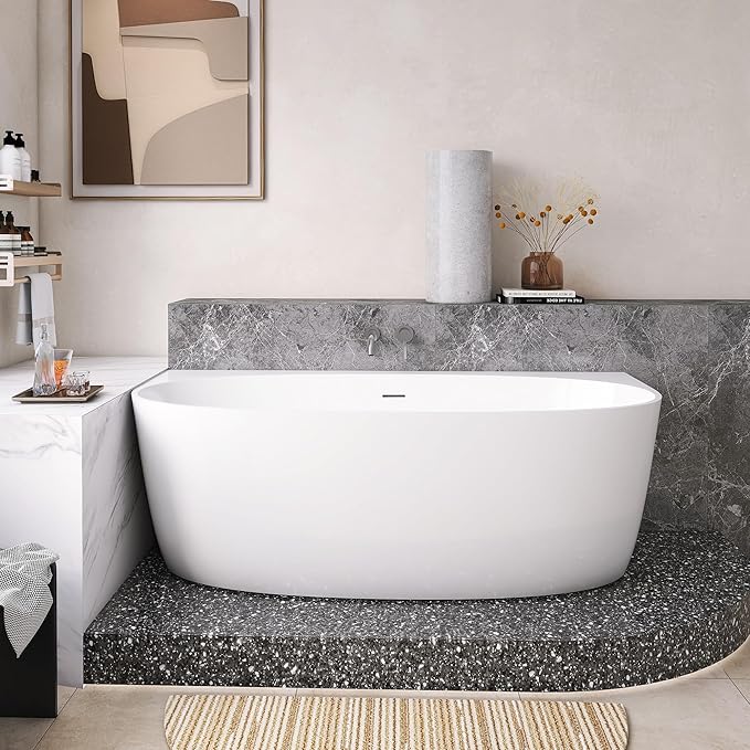 67" Acrylic Back-to-Wall Bathtub,Freestanding Bathtubs, Stand Alone Tub, Soaking Tubs for Bathroom, Integrated Overflow and Drain, cUPC Certified, Gloss White