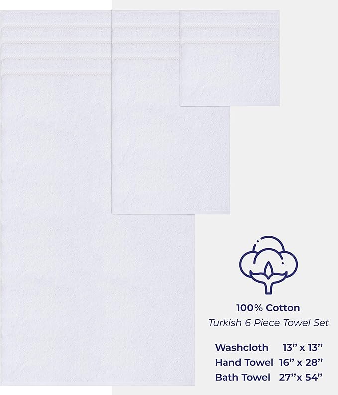 American Soft Linen Luxury 6 Piece Towel Set, 2 Bath Towels 2 Hand Towel 2 Washcloths, 600 GSM 100% Cotton Turkish Towels for Bathroom, White Towel Sets