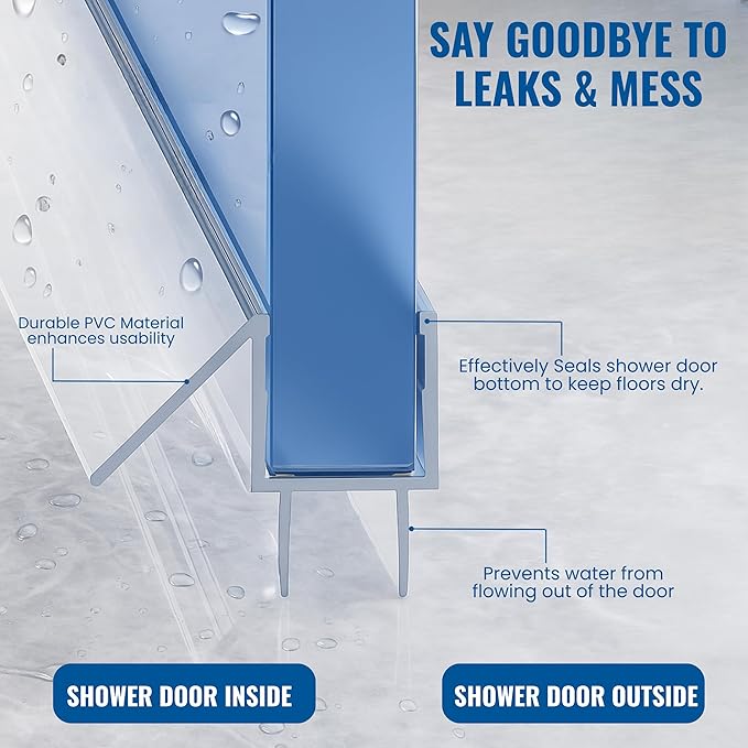 KC Hardware Frameless Shower Door Bottom Seal Strip with Drip Rail - Shower Door Seal Sweep for 3/8 Inch Thick Glass - Acts as a Leak Guard to Prevent Water Leaks - 39 Inch - Ultra Clear - Pack of 2