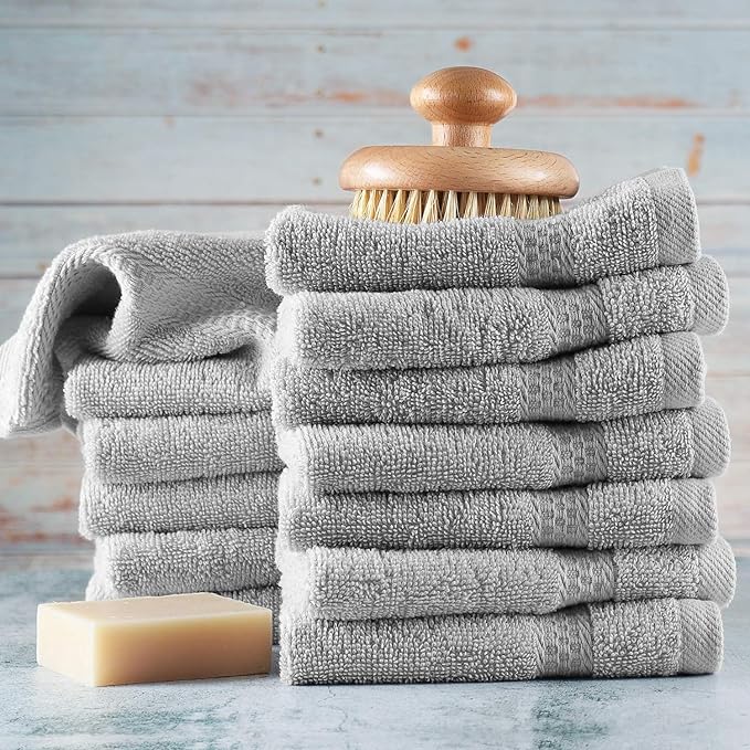 Hearth & Harbor Washcloths 12 Pack - 100% Cotton Washcloth for Body and face, High Absorbent and Soft 13"x13" Body Wash Cloth, Quick Dry - Silver Grey Washcloths