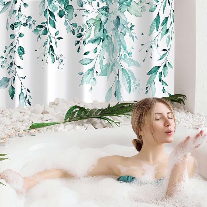 Gibelle Long Shower Curtain 72 x 78, Teal Floral Shower Curtain for Bathroom, Watercolor Plant Eucalyptus Leaves Fabric Shower Curtain Set