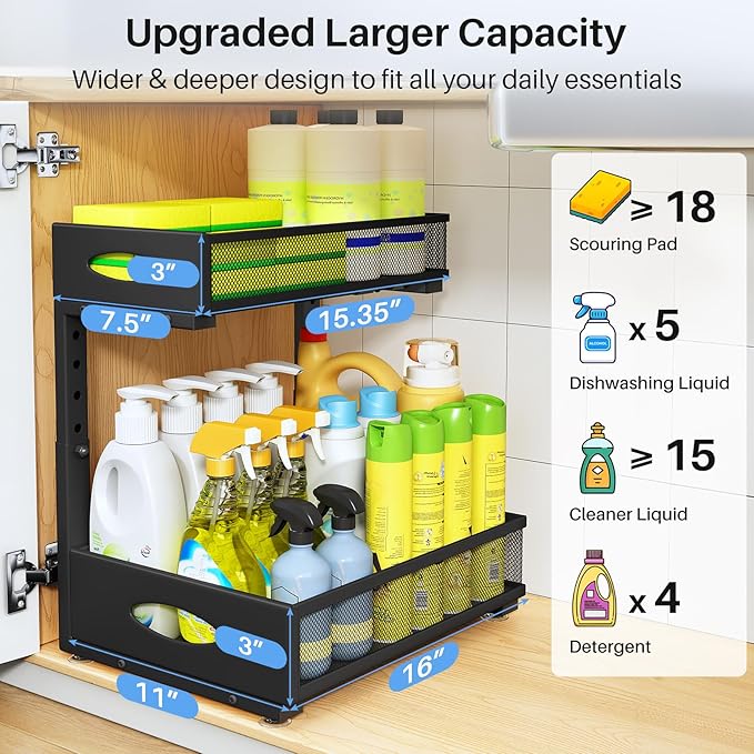 Under Sink Organizer, 2 Pack 2 Tier Pull Out Under Cabinet Organizer Shelf with Pad for Framed Cabinets, Metal Slide Out Under Sink Storage, Mesh Sliding Drawers for Kitchen Bathroom Laundry, Black