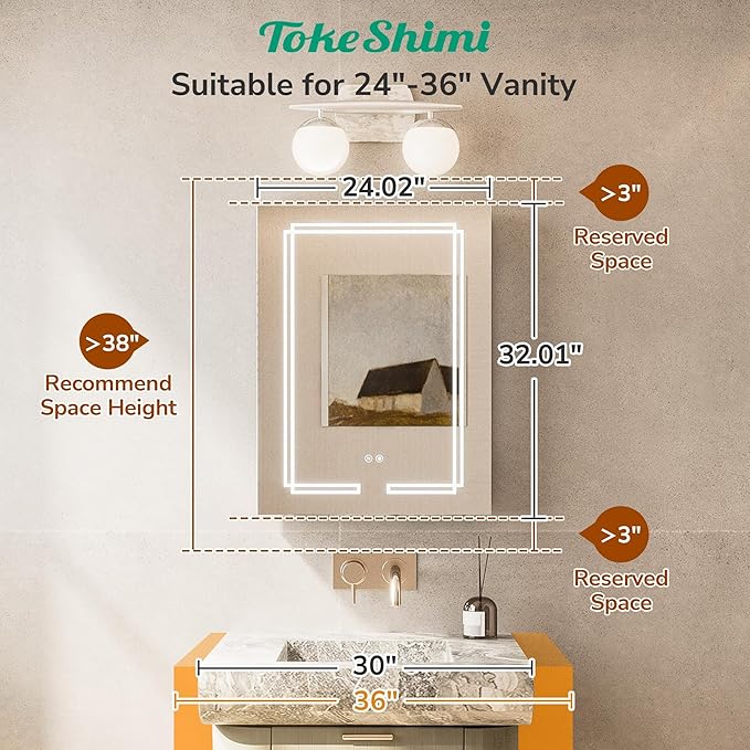 TokeShimi 24 x 32 Bathroom Mirror Medicine Cabinet with Light 3 Colors, Anti-Fog Tempered LED Mirror with Storage, Stepless Dimming CRI 80+, Memory Funtion, Wall Mirrored Cabinet for Bathroom Décor