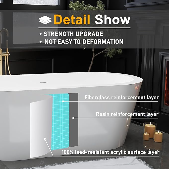 67" Acrylic Freestanding Bathtubs, Stand Alone Tub, Soaking Tubs for Bathroom, Integrated Overflow and Drain, cUPC Certified, Gloss White
