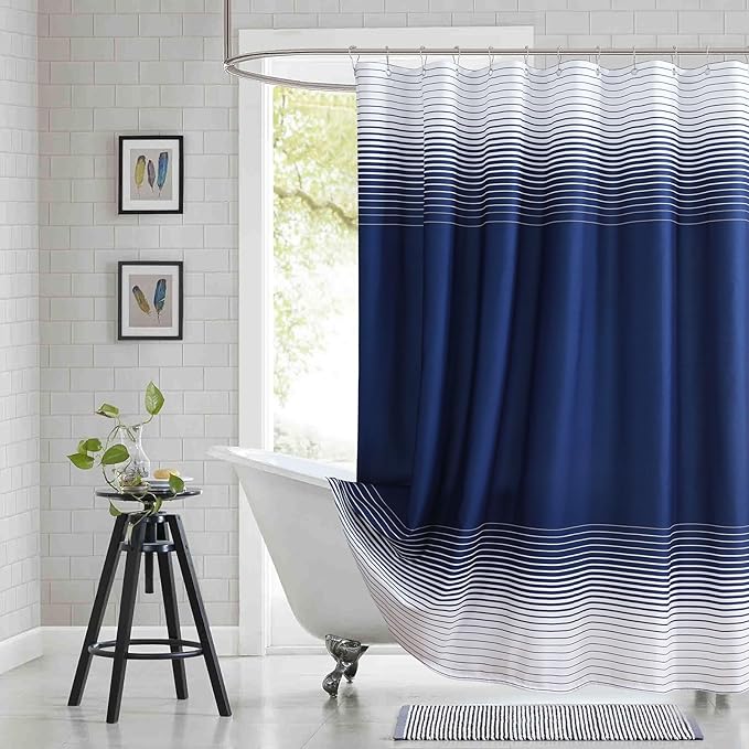 90 Inch Blue Shower Curtain, Extra Long Modern Navy Blue and White Gradient Horizontal Stripe Waterproof Polyester Shower Curtains for Bathroom, 72x90 Inches