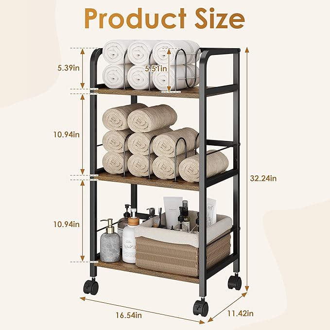Towel Rack Free Standing Rolling 3-Tier with Removable Dividers & 2 Brake Wheels, Mobile Bathroom Storage Organizer with 3 Wood Shelves for Towels, Toiletries, Poolside Towel Holder