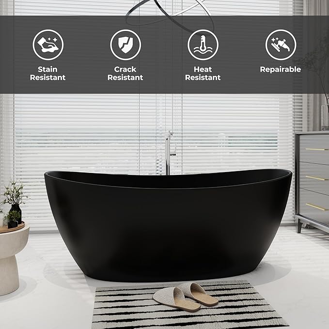 SJ STAR&JANE 65" Solid Surface Freestanding Bathtub Stone Resin Soaking Tub Matte Black Double Slippers Stand Alone Oval Tub with Pop-up Drain and Overflow for Bathroom