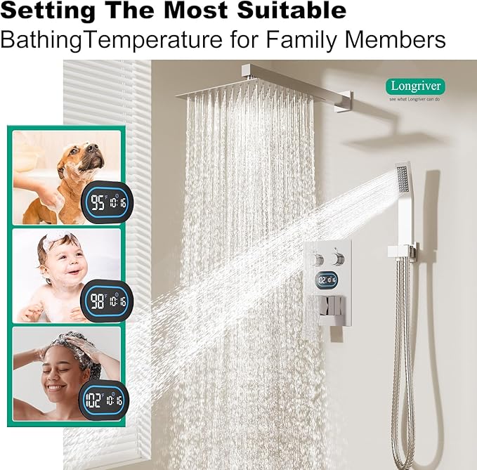 Push Button Diverter Shower Faucet Set Hydro Power Temperature Display, Shower System 10 Inch Shower Head with Handheld Spray, Wall Mounted Shower Fixtures with Valve and Trim Kit, Brushed Nickel