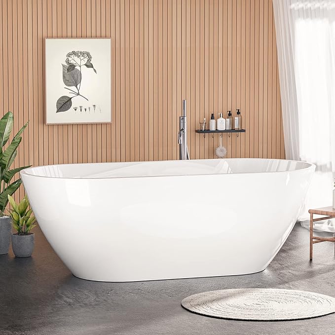 Acrylic Bathtub 55 Inch, Freestanding Deep Soaking Bath Tub with Brushed Overflow and Drain, Contemporary Gloss White Freestanding Bathtub