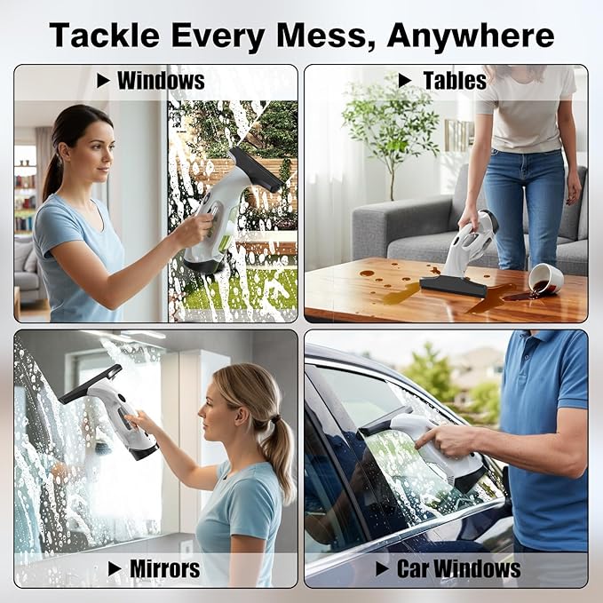 Window Vacuum Squeegee Cordless, 2000Pa Electric Window Cleaner Tool with 2200mAh & 150ml Water Collection Tank, Window Cleaning Kit Shower Squeegee for Glass Doors, Windows, Mirrors, Car (White)
