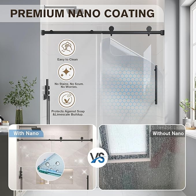 Bathtub Shower Door Frameless, 55-60" W x 60" H Sliding Tub Shower Door, 1/4''(6mm) SGCC Tempered Glass with Explosion-Proof Film Nano Coating, Stainless Steel Hardware, Matte Black