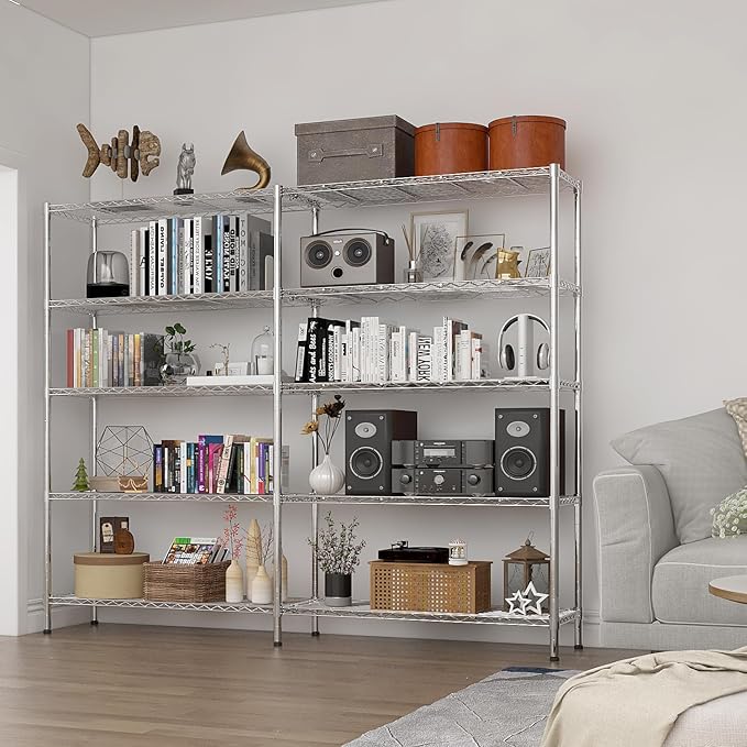 5 Tier Storage Racks Shelving, Heavy Steel Pantry Shelves, Adjustable Wire Shelving Rack, Suitable for Garage, Kitchens, Offices, 69.7" W x 16" D x 71" H, Chrome