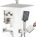 Bathtub Shower Faucet Set with Pressure Balance Valve, 12" Ceiling Mount Shower System with Tub Spout Multi-function Handheld Head Push Button Diverter Shower Trim Kit, Brushed Nickel