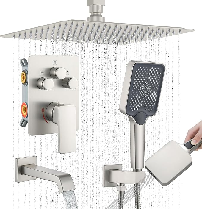 Bathtub Shower Faucet Set with Pressure Balance Valve, 12" Ceiling Mount Shower System with Tub Spout Multi-function Handheld Head Push Button Diverter Shower Trim Kit, Brushed Nickel
