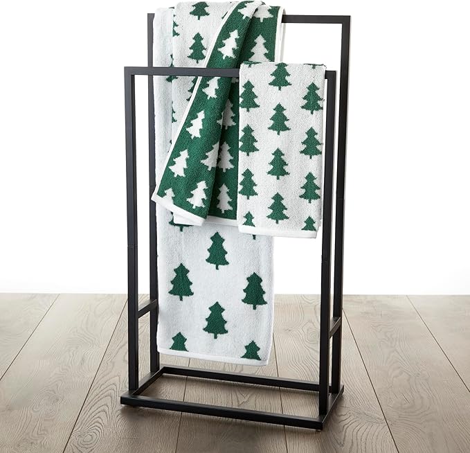 SKL Home Christmas/Winter Holiday Trees 100% Cotton Premium 2-Piece Hand Towel Set, 500 GSM, Reversible Jacquard, Soft & Absorbent, Decorative for Bath/Kitchen/Bar & Gift, Green/White