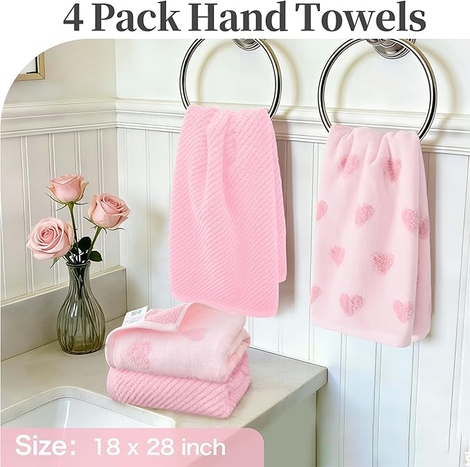 VOOVA & MOVAS Valentines Day Hand Towels 4-Pack, 100% Soft Cotton 18x28 Inch Hand Towels with Decorative Jacquard Heart,Baby Pink