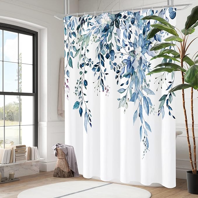 Gibelle Blue Eucalyptus Shower Curtain, Watercolor Plant Leaves with Floral Bathroom Shower Curtain Set, 72x72