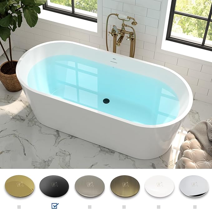 FerdY Shangri-La 67" Acrylic Freestanding Bathtub, Classic Oval Shape Acrylic Soaking Bathtub with Matte Black Drain & Minimalist Linear Design Overflow, Modern White, cUPC Certified
