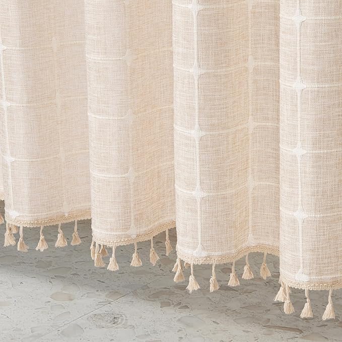 MitoVilla No Hooks Needed Boho Farmhouse Shower Curtain with Snap-in Liner, Cotton Linen Fabric Shower Curtains with Tassels for Rustic Neutral Bathroom Decor, Beige/Cream, 72 x 74