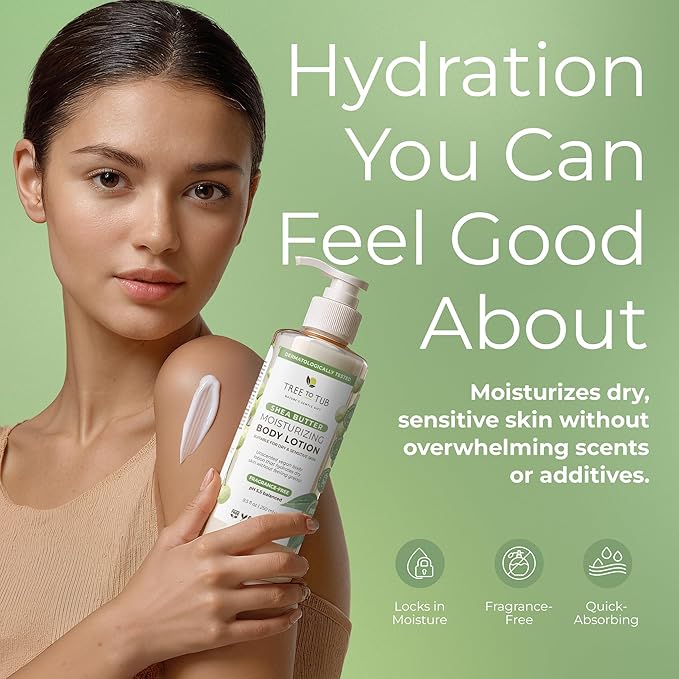 Tree to Tub Unscented Shea Butter Body Lotion for Dry Skin - Fragrance Free Lotion,Vegan Body Moisturizer, Good for Sensitive Skin for both Women & Men