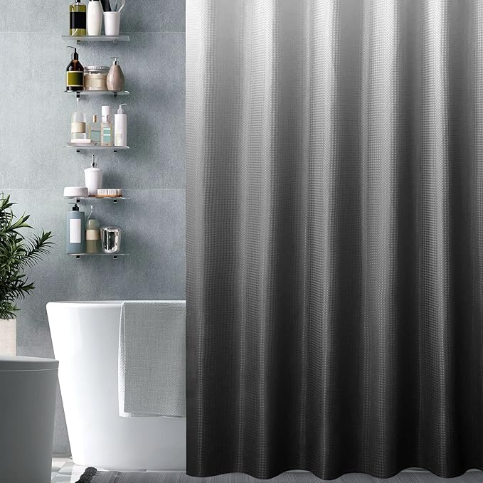Gibelle Long Shower Curtain 72 x 78, Tall Black Ombre Shower Curtain for Bathroom, Waffle Weave Fabric Shower Curtain Set with Hooks, Water Repellent, Machine Washable