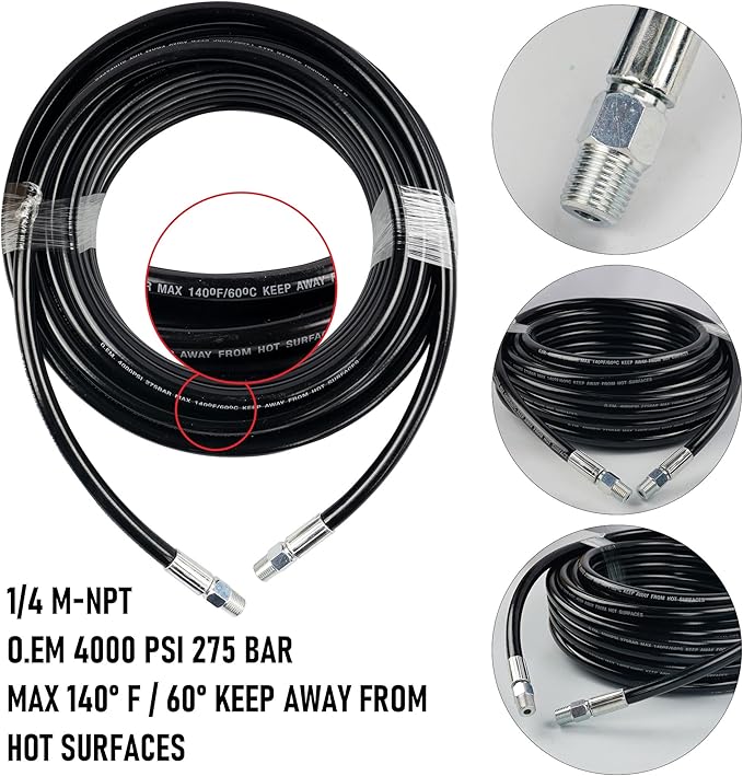 Hourleey Sewer Jetter Kit for Pressure Washer 50FT, Drain Cleaner Hose 1/4 Inch NPT, Orifice 4.0 Button Nose and Rotating Sewer Jetting Nozzle Spanner Tape Pearl Corsage Pin, 4000 PSI
