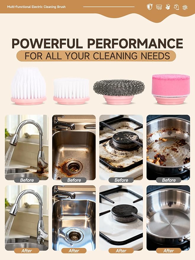 Electric Spin Scrubber, Cordless Cleaning Brushes, Pink Dish Brush kit, Gift for Woman, for Bathroom/Kitchen/Floor/Home/Grout/Tile, IP66 Waterproof Household Cleaning Supplies, Apartment Essentials