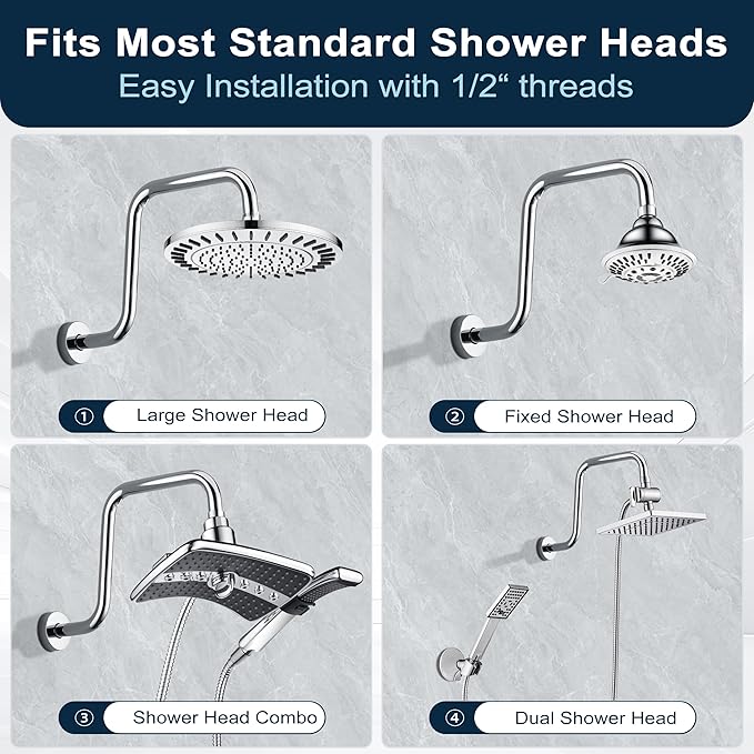 BRIGHT SHOWERS 13 Inch Shower Head Extension Arm with Flange S Shaped High Rise Extender, Long Stainless Steel Rainfall Shower Head Pipe Arm, Chrome