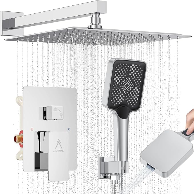 Shower System Modern Rain Brass Faucet Set With Valve and Diverter Shower Mixer With Handheld High Pressure Square Rainfall Shower Valve (12'' Wall Mount, Chrome Polished)