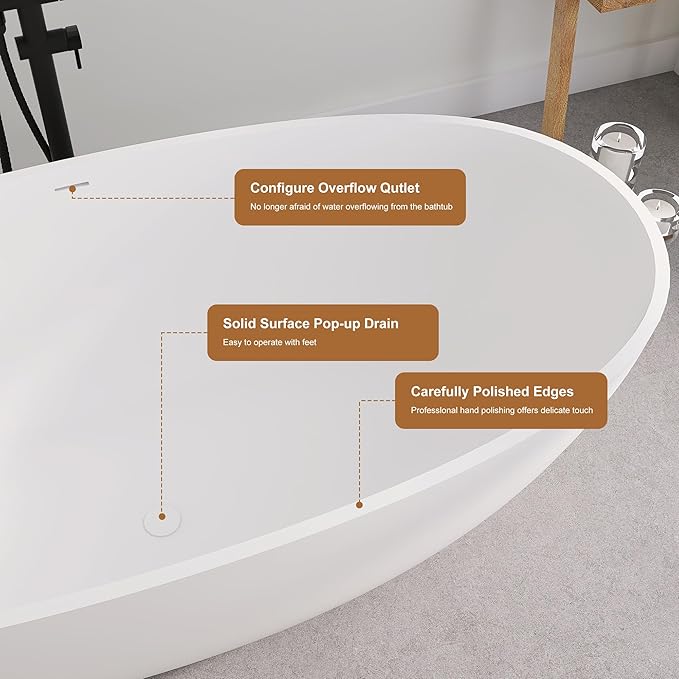 SJ STAR&JANE 61" Solid Surface Freestanding Bathtub, Oval Soaking Tub with Overflow and Pop-up Drain for Bathroom