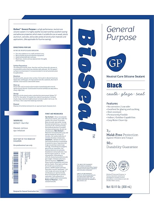 Black BioSeal 100% Silicone Sealant Caulk General Purpose, Waterproof and No Odor 10.1 Ounce Cartridge -Black (1)