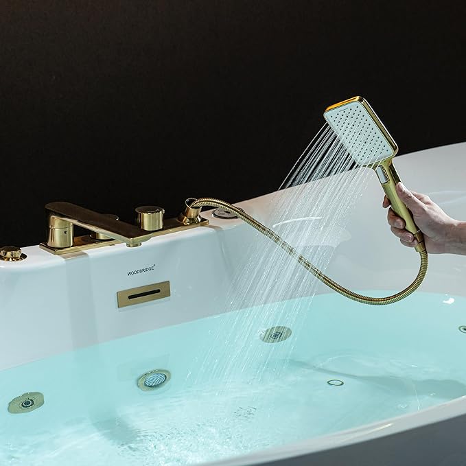 WOODBRIDGE 72" x 35-3/8" Whirlpool and Air Bath Heated Soaking Combination Tub with Adjustable Speed Air Blower and Display Control Panel, Brushed Gold Finish Trim and Drain Kit, BG400+F0045BG