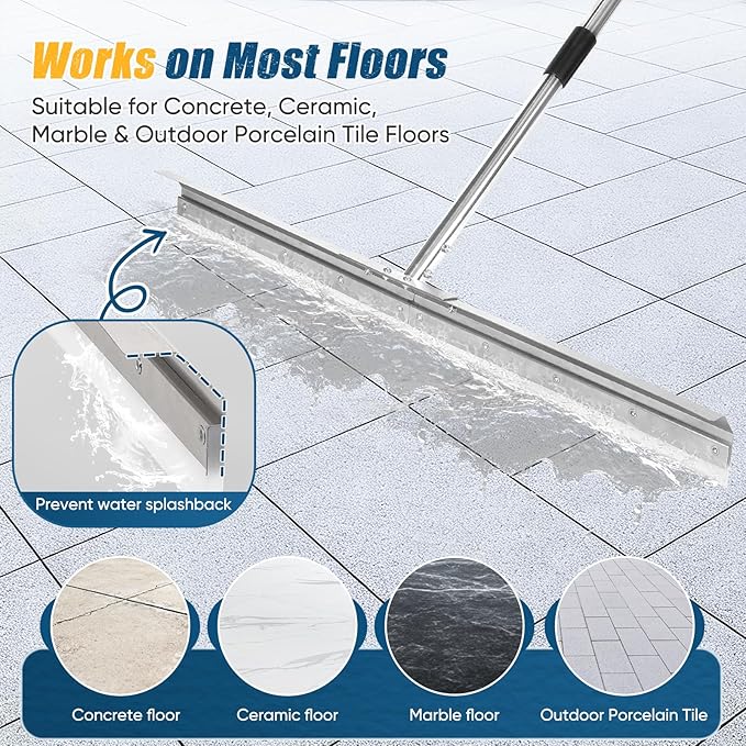 CAROD 33.4" Heavy Duty Floor Squeegee for Concrete, Industrial Silicone Blade Squeegee for Floor with 63" Stainless Handle, Anti-Splash Curved Baffle Design for Warehouse, Factory, Outdoor Use