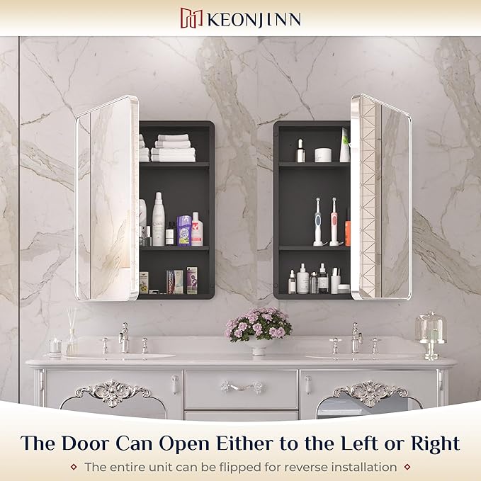 Keonjinn 20 x 26 Inch Chrome Recessed Medicine Cabinets, Mirrored Bathroom Medicine Cabinet, Elegant Silver Stainless Steel Framed, Adjustable Shelves, in Wall or Surface Mount, Soft Closing, Modern