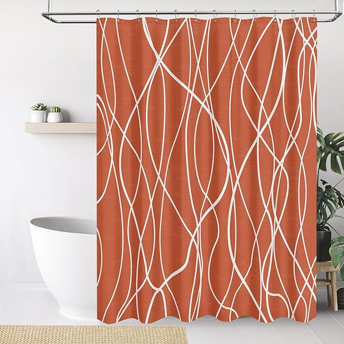 Tititex Morden 140gms Faux Linen Fabric Bath Shower Curtain Set Textured Fabric with Caramel White Curve Pattern 72x72 Inch Water Resistant Bathroom Curtains, Weighted Hem & Hooksfor Hotel/Home