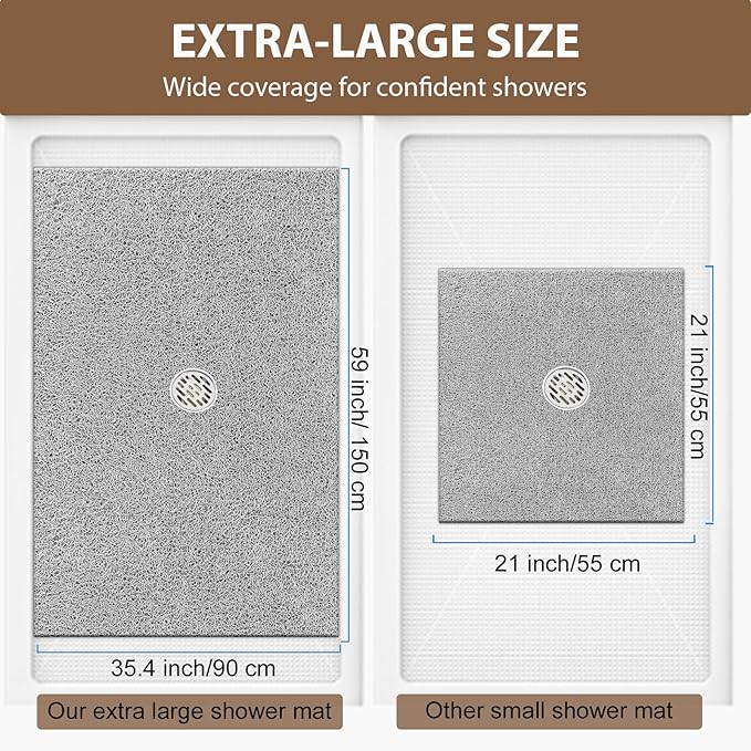 Shower Mat Non Slip: 59 x 35.4 Inch Extra Large Shower Mats for Inside Shower with Drain Hole - Soft PVC Loofah Anti Slip Shower Stall Mat for Walk-in Shower and Bathroom, Quick Drying
