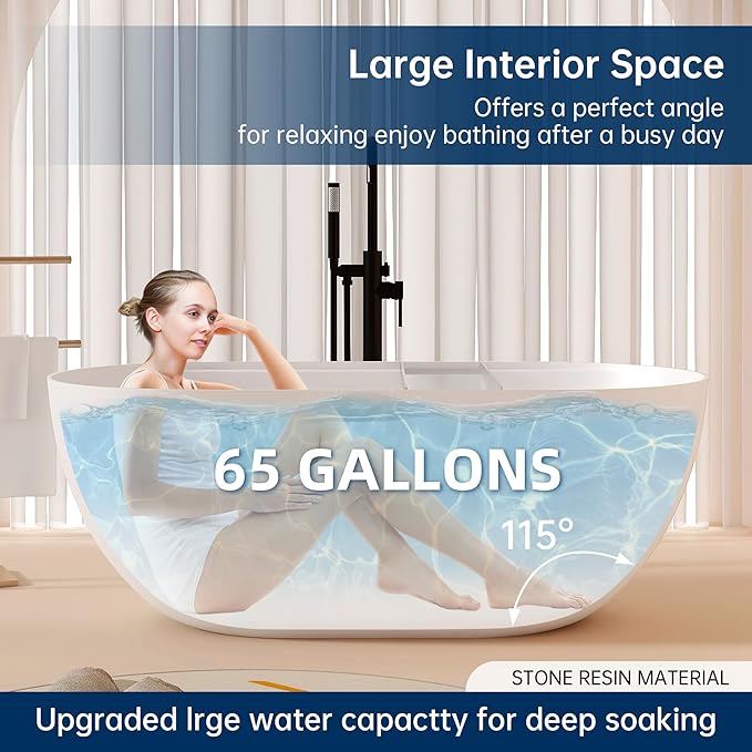 59'' Stone Resin Freestanding Bathtub, Bathroom Solid Surface Tub Bathtubs soaker Tubs Oval Shaped Matte Luxury Modern Soaking Tub with Overflow and Pop-up Drain - White