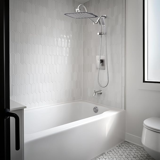 G-Promise 14 Inches Shower faucet Sets Complete, All Metal Rainfall Shower Head and Handle Set, Extended Downward Diverter, Extension Arm Pressure Balance Rough-in Valve and Tub Spout Included