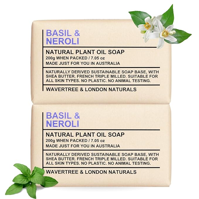 Wavertree & London Basil & Neroli Scented Natural Soap Bars (2 Bars), 7oz Moisturizing French Triple Milled Soap enriched with shea butter - Plant Oil Bath & Body Soap Bars [100% Naturally derived]