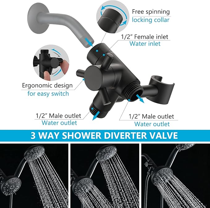 PDPBath Solid Brass Shower Arm 3 Way Shower Diverter Valve for Hand Held Showerhead and Fixed Spray Head, G1/2 Universal Connection - Matte Black